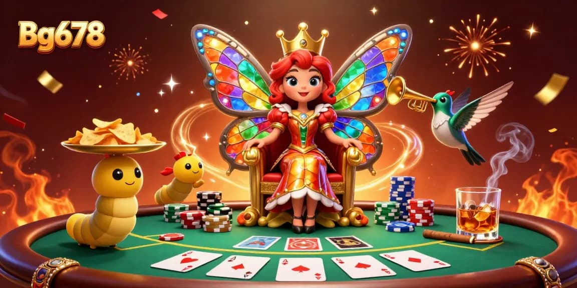 Experience thrilling gameplay with Bg678's dynamic casino scene, featuring butterfly queen and poker elements.