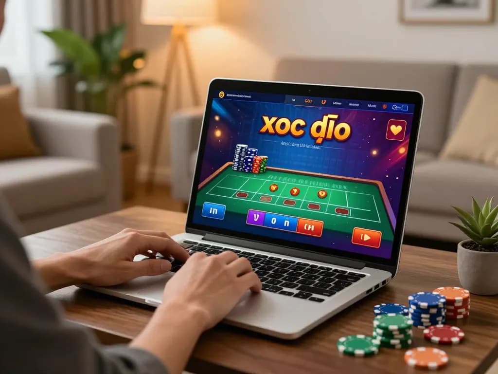Xóc đĩa game displayed on a laptop in a cozy home setting, emphasizing online gambling experience.