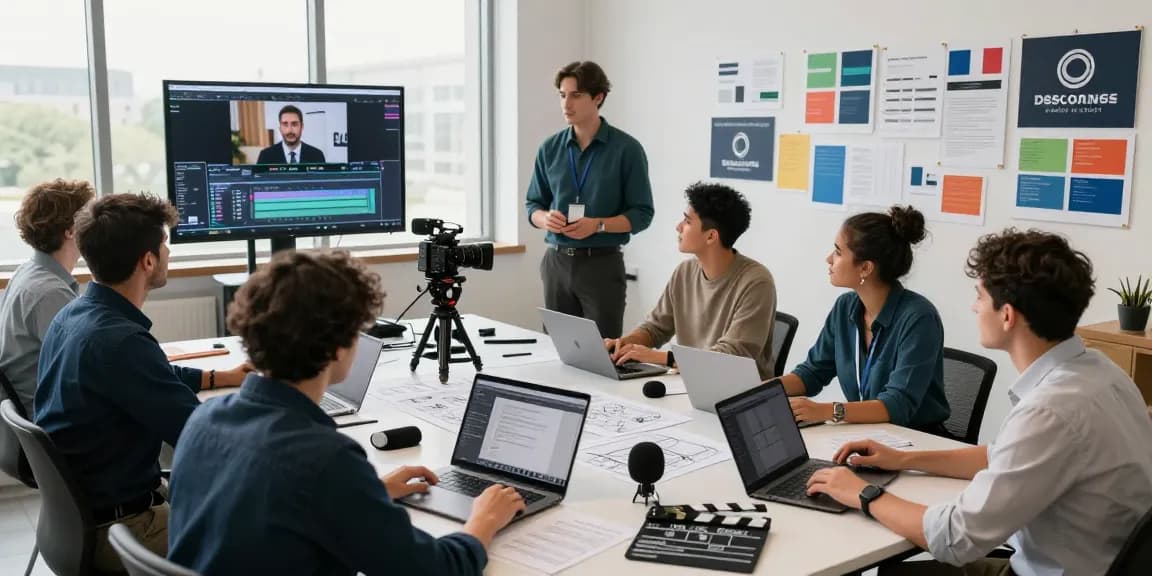 Corporate Video Production team collaborating in bright studio with monitors, cameras, and storyboards.