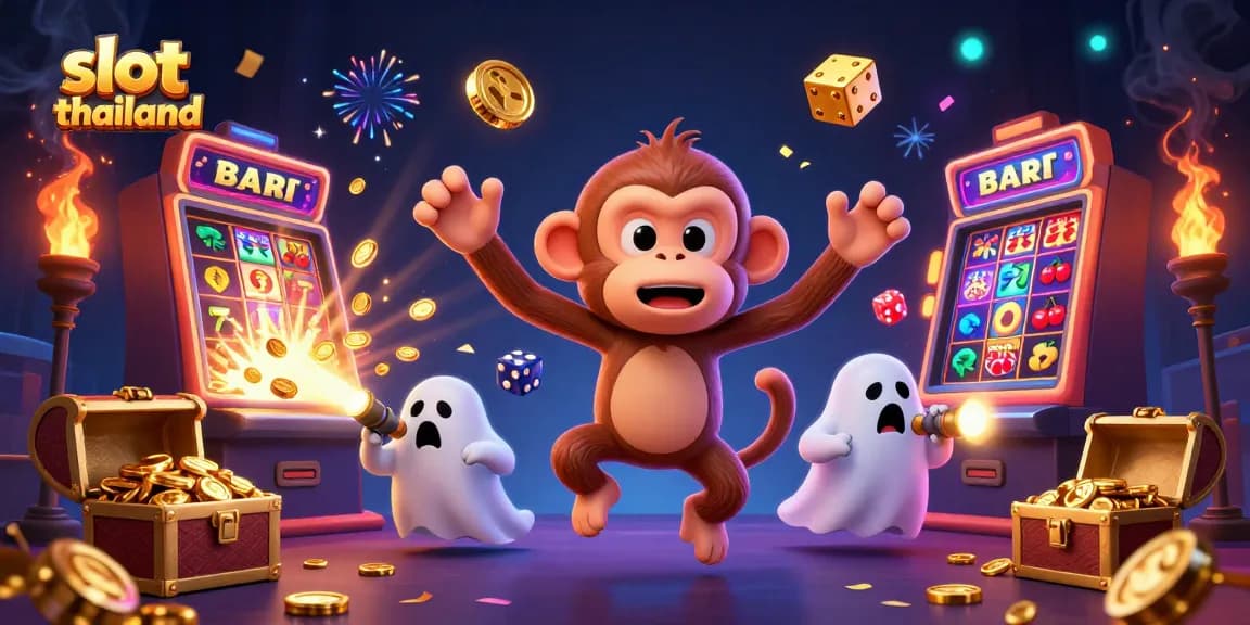 Experience thrilling slot thailand gameplay in a vibrant casino scene with a playful poltergeist and ghost-hunter puppy.