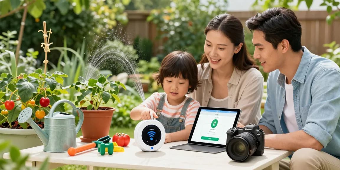 Family setting up the RainPoint WiFi water timer in a vibrant garden