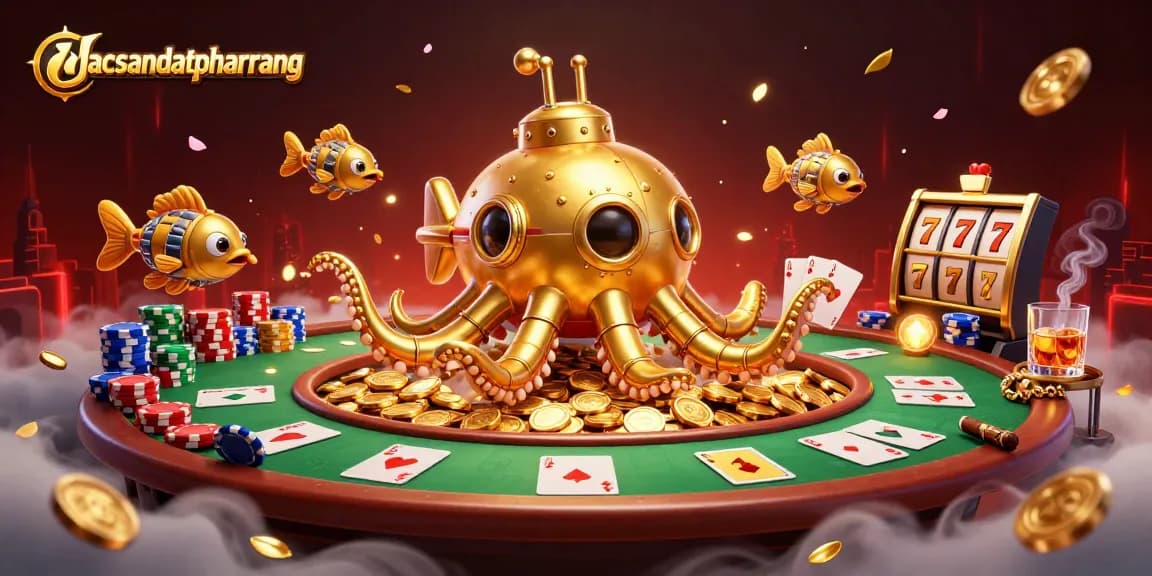 Experience thrilling games at dacsandatphanrang with a vibrant casino scene featuring colorful poker chips and a kraken submarine.