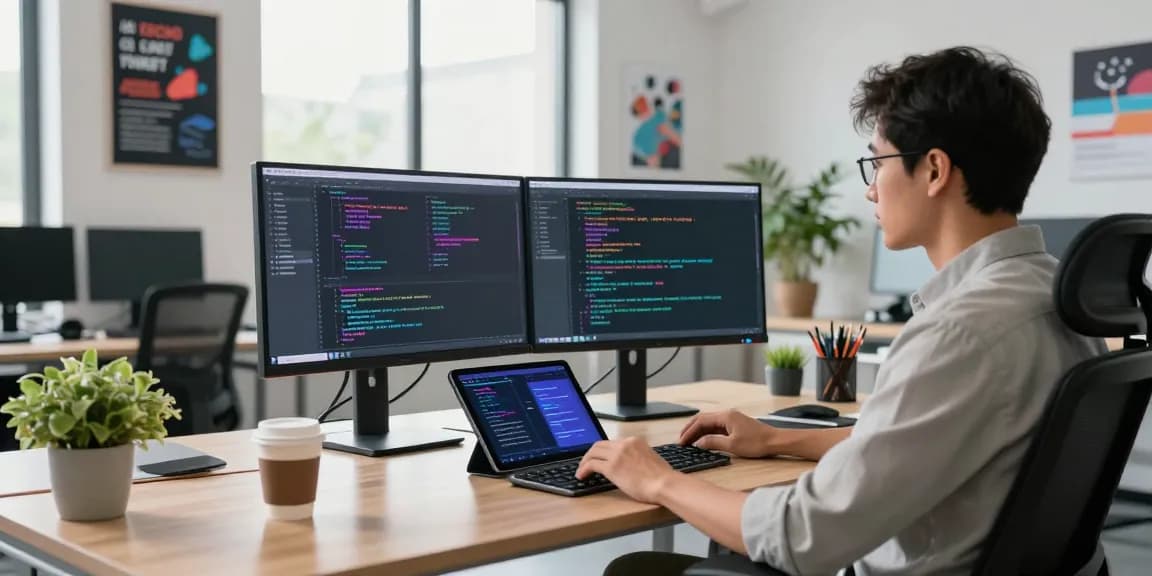 AI prompt image generation in a modern office, showcasing vibrant code and creative workspace.