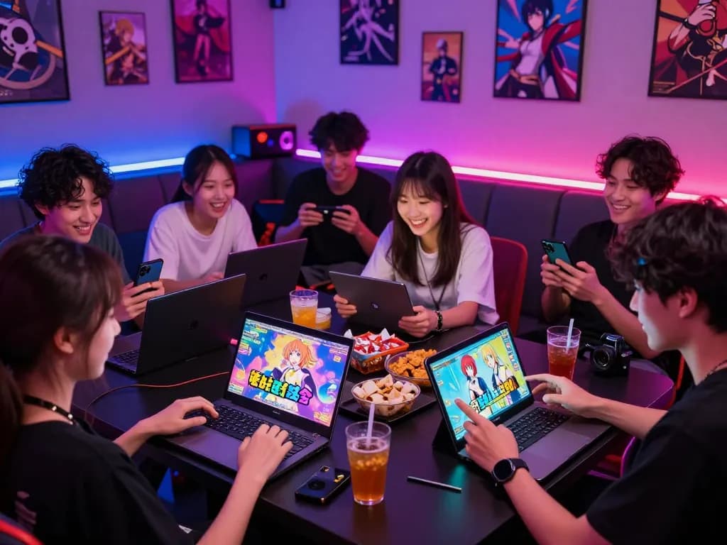 Engaged players exploring degrees of lewdity in a vibrant gaming lounge with devices and colorful game displays.