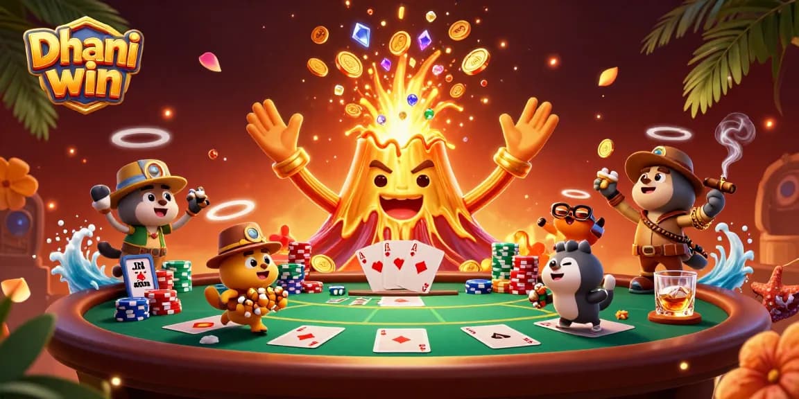 Dhani win showcases a vibrant gaming scene where a golden volcano erupts coins as tiny explorers gather treasure.