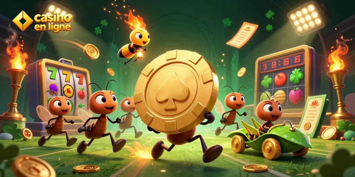 Les fourmis transportent des jetons géants dans un tunnel joyeusement, illustrant le casino en ligne.