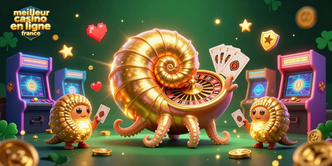 Illustration 3D du meilleur casino en ligne France avec des personnages de jeu et des machines à sous colorées.