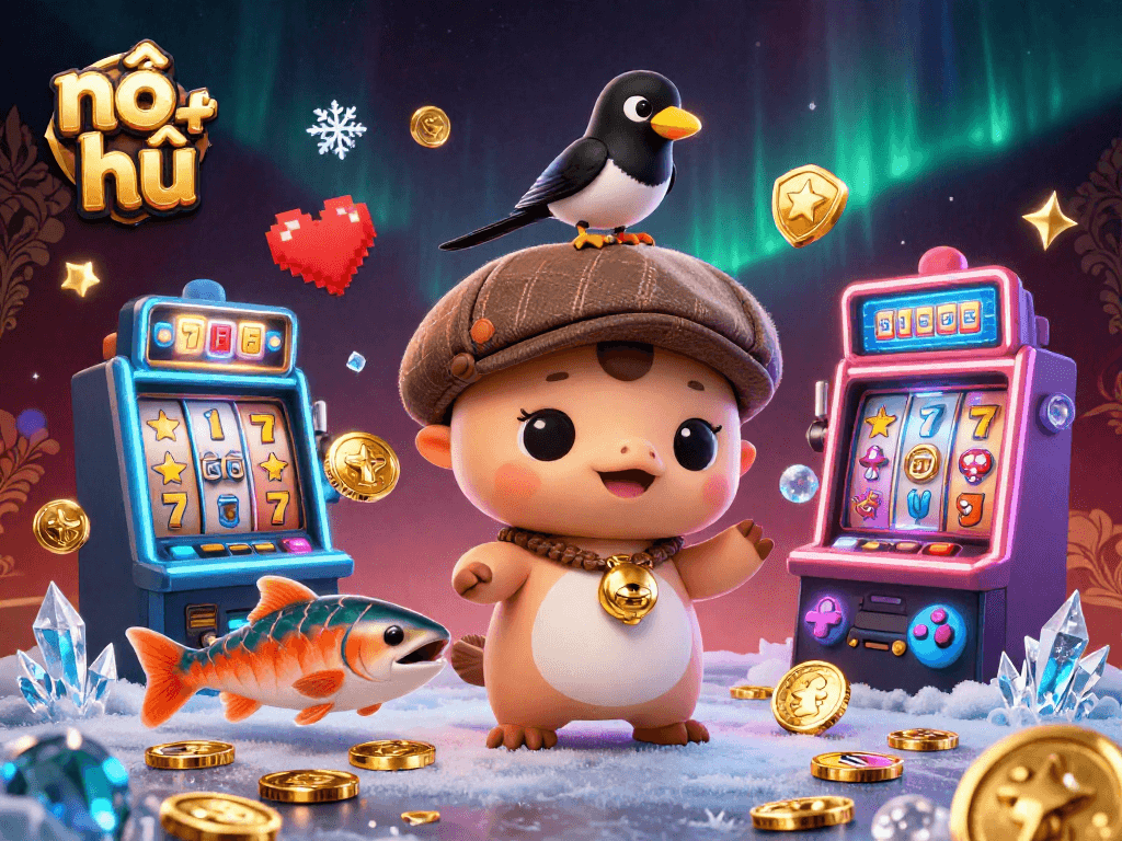 Spin the nổ hũ slot reels with colorful jackpot symbols and animated characters, capturing the thrill of online gaming.