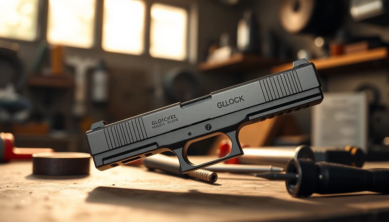Showcase of Glock 17 Gen 3 MOS OEM Slide emphasizing its sleek design and precision features.