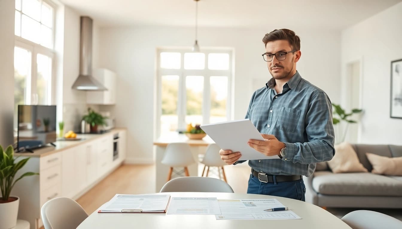 Landlord evaluating home warranty for rental properties in a well-lit home.