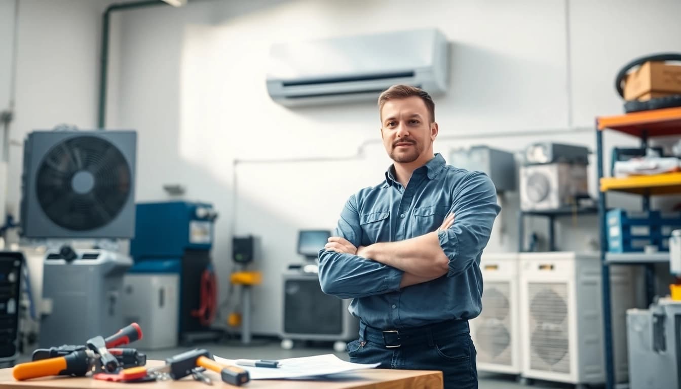 Showcase of HVAC technician training with a professional in a workshop inspecting air conditioning equipment.
