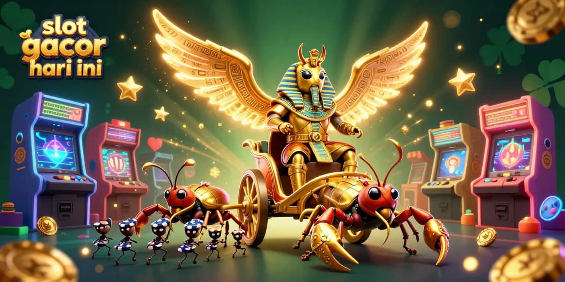 Slot gacor hari ini dengan ilustrasi 3D cerah menampilkan karakter kasino klasik dan elemen permainan.