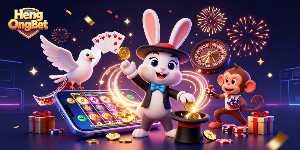 Engage in thrilling gaming with Heng Ong Bet's vibrant casino scene featuring playful characters and dynamic game elements.
