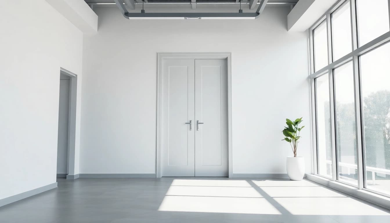 Showcasing a stylish single leaf double swing door within a contemporary office environment
