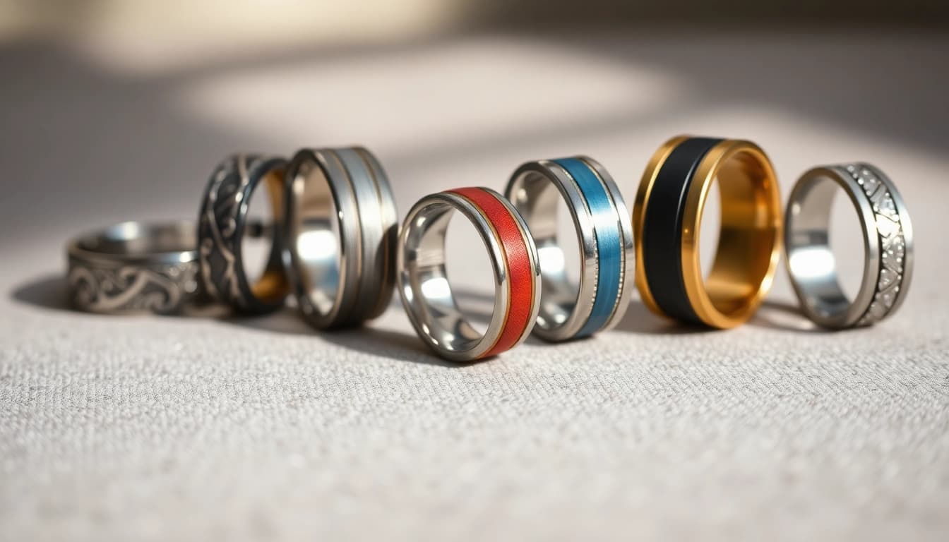 Showcasing unique wedding bands for men with diverse styles and intricate designs.