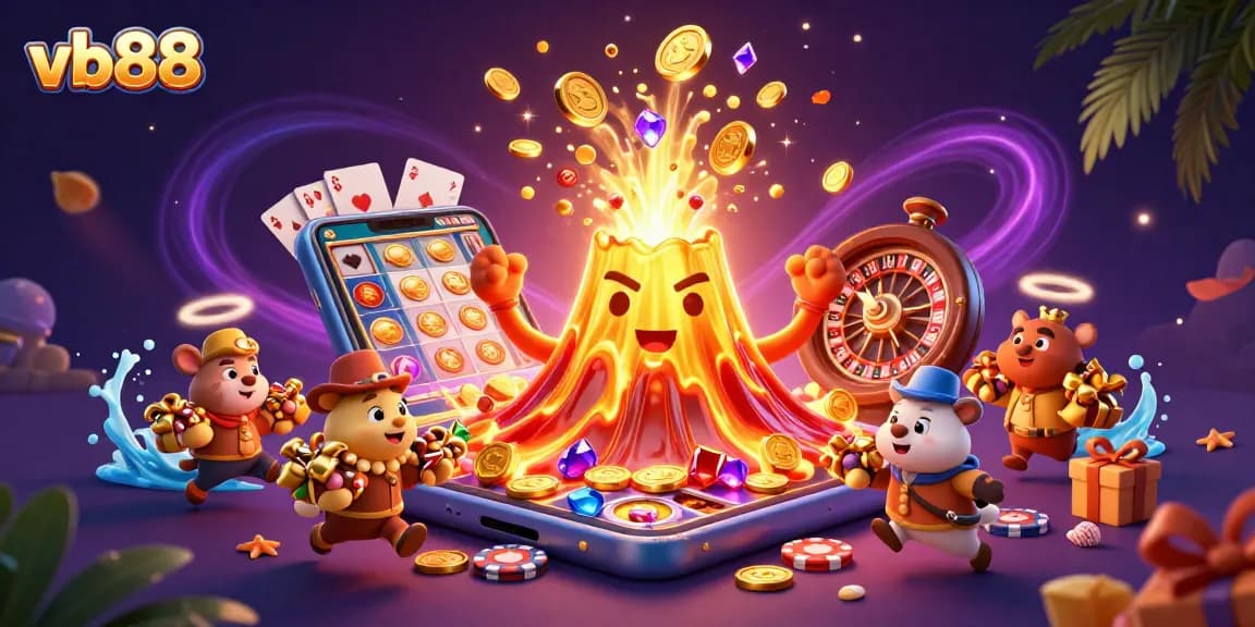 Experience the thrill of vb88 with a vibrant 3D scene of treasures and casino games.