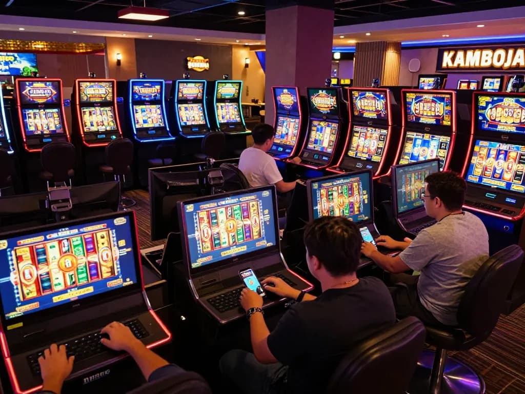 Engaged players enjoying slot kamboja super gacor experience on their devices in a vibrant online casino environment
