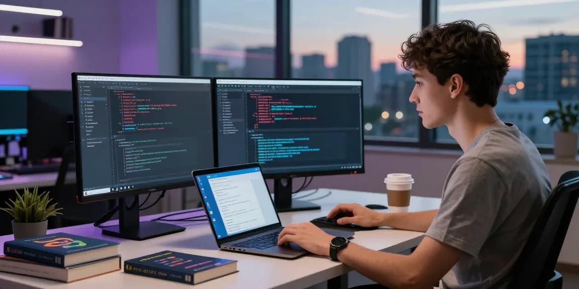 Engaging tech workspace focused on coding Telegram中文 messaging solutions, with multitasking programmer and vibrant office setting.