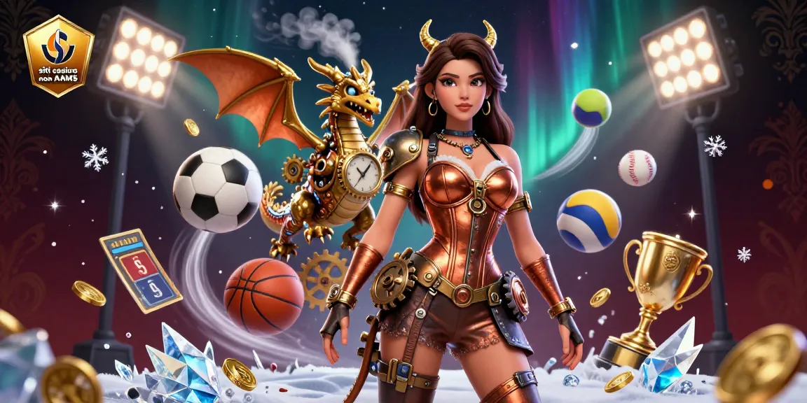 Siti casino non AAMS scena di gioco dinamica con donna steampunk, drago meccanico e elementi sportivi vibranti.