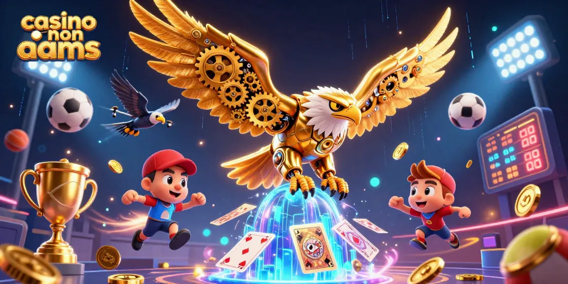 Gioca nei casino non AAMS con un'aquila dorata che fluttua tra carte e palloni sportivi in un'illustrazione 3D vivace.