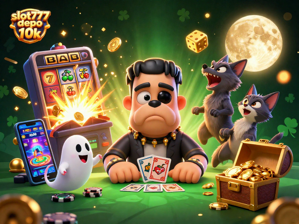 Experience the thrill of slot777 depo 10k with this vibrant casino scene featuring cartoon monsters and a jackpot!