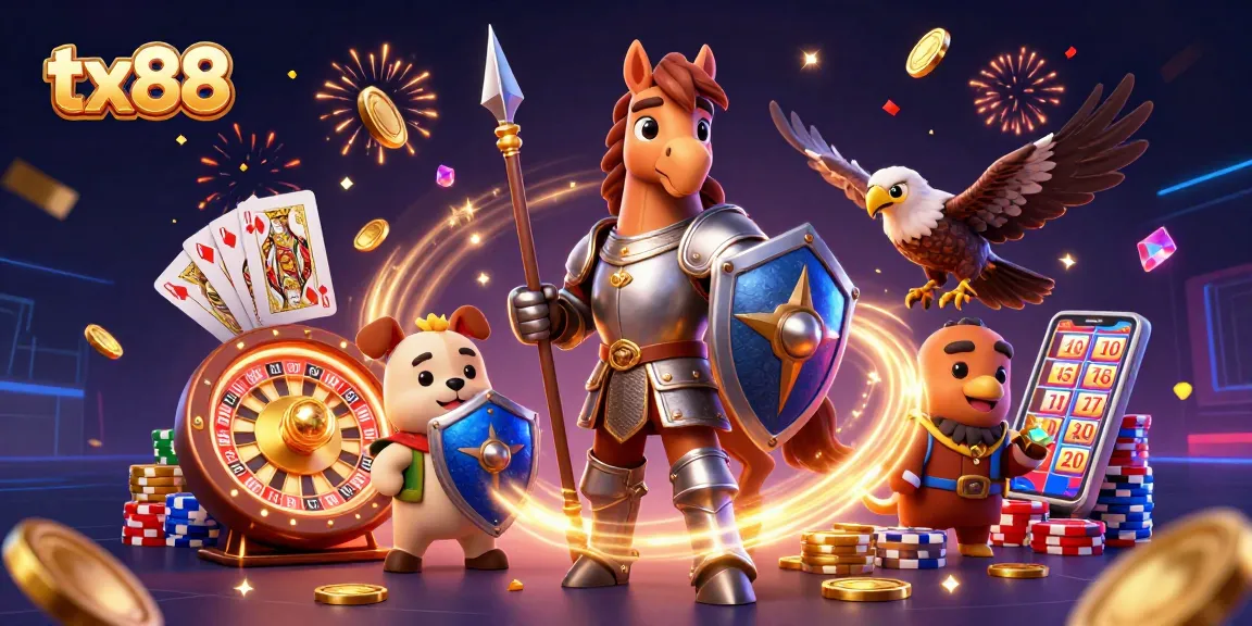 Experience the thrill of tx88 with a knight, puppy, and falcon celebrating casino wins.