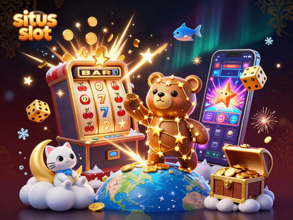 Situs slot 3D digital illustration showcasing a constellation bear, slot machine burst, and vibrant casino elements.