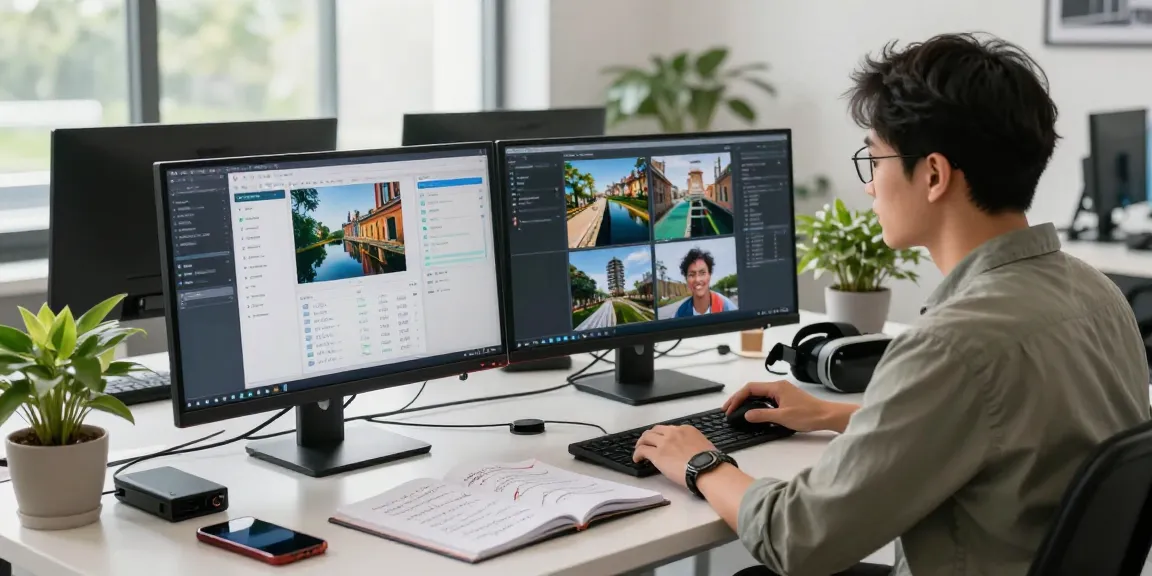 AI image detector interface displayed on computer screens with a data scientist analyzing image authenticity.