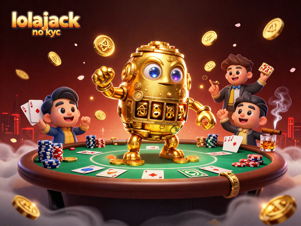 Experience thrilling gambling action with lolajack no kyc as celebrating golem and poker game elements surround them.