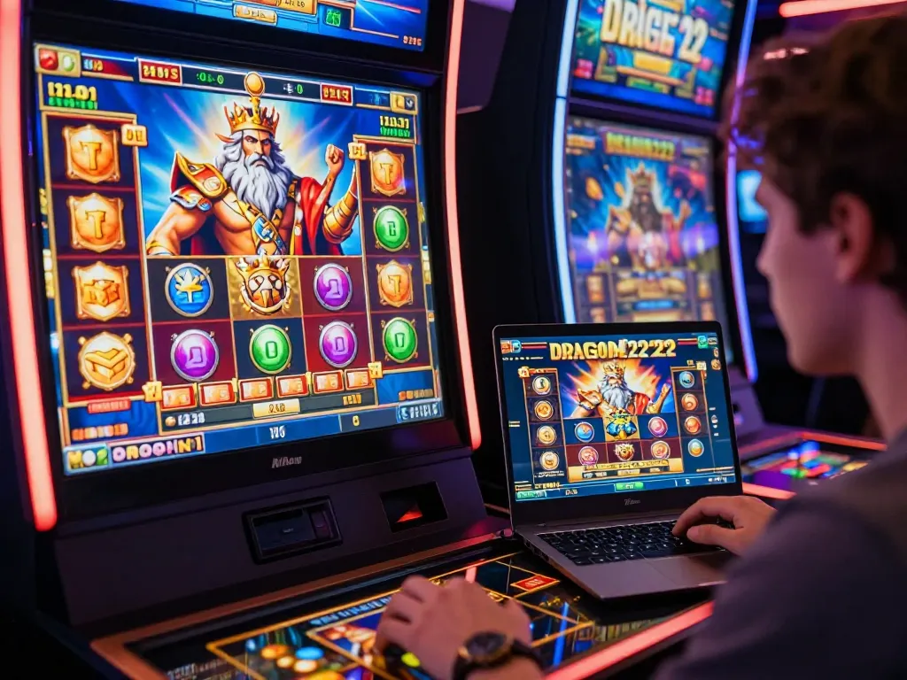 Player enjoying DRAGON222 slot games with vibrant Zeus-themed graphics in an online casino.