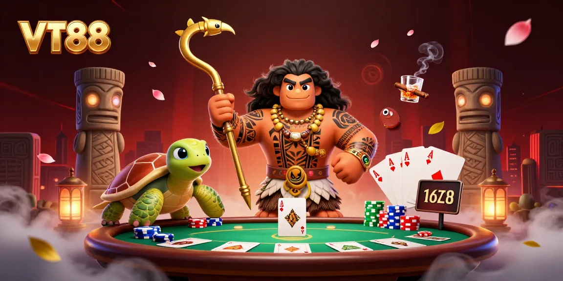 VT88 themed illustration showcasing a Polynesian demigod and poker elements for gaming excitement.