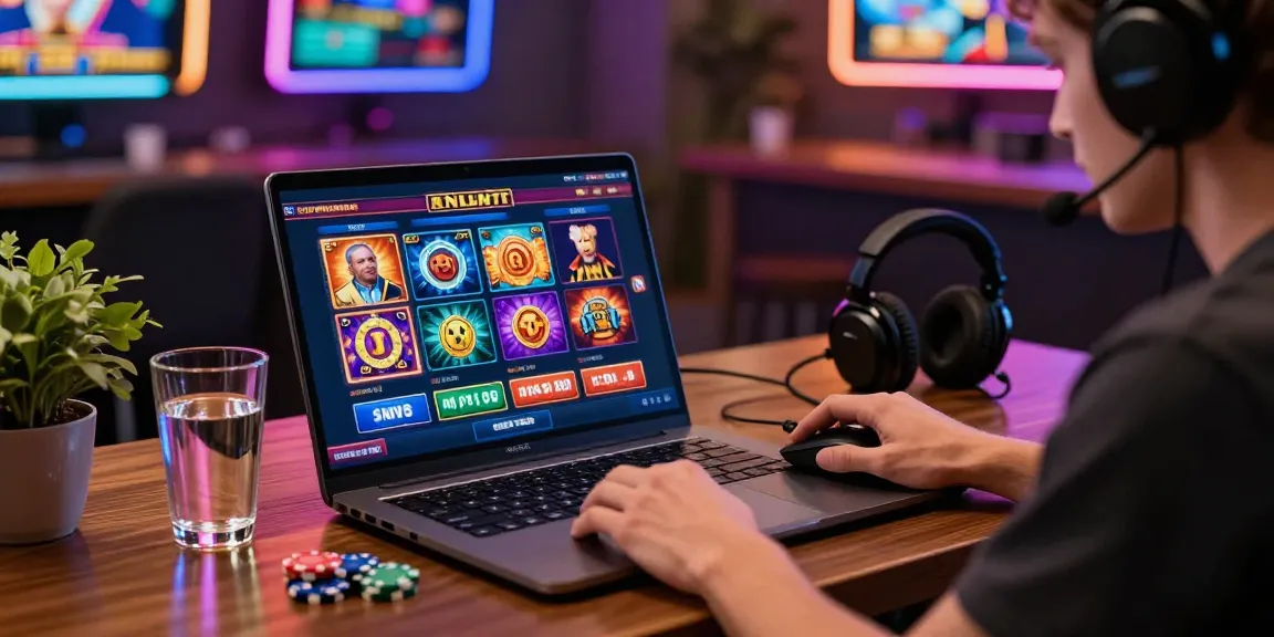 Player engaging with credit card online casinos on a modern gaming setup showcasing vibrant slot games and live dealer action.