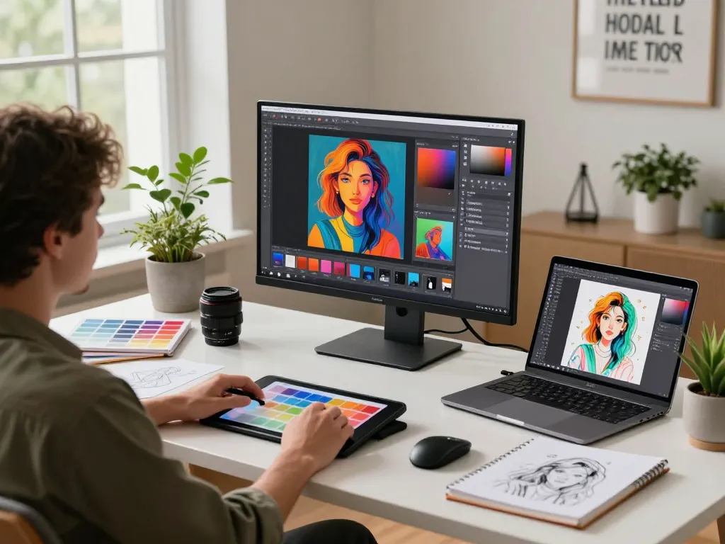 Artist using Nano Banana 2 AI image editor in bright creative workspace with colorful outputs.