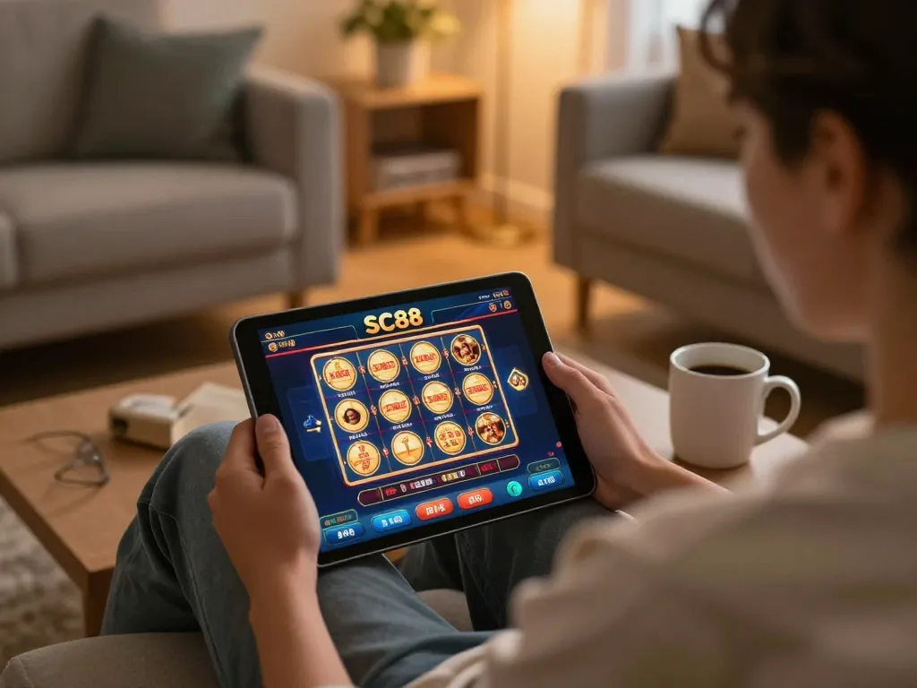 Engaging with SC88 online casino interface while enjoying a cozy gaming night at home