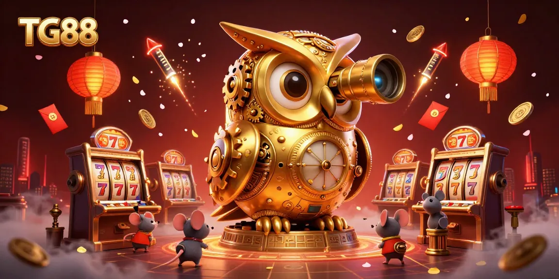 Experience the vibrant atmosphere of TG88 with a golden owl and lively slot machines.