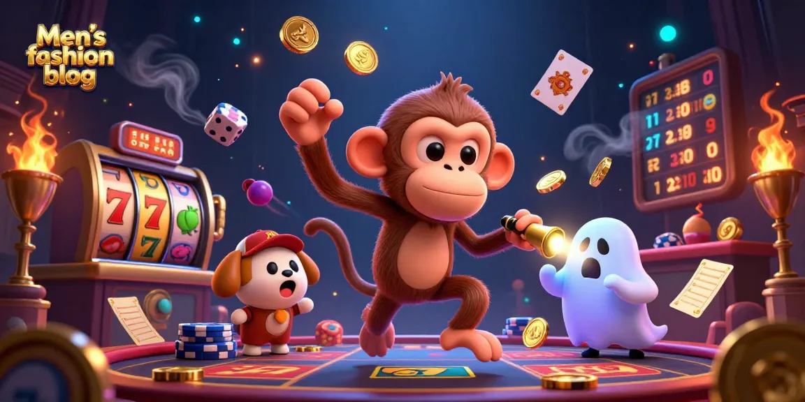Engage with thrilling action in this captivating Men’s fashion blog casino scene featuring a playful poltergeist monkey and ghost-hunter puppy.