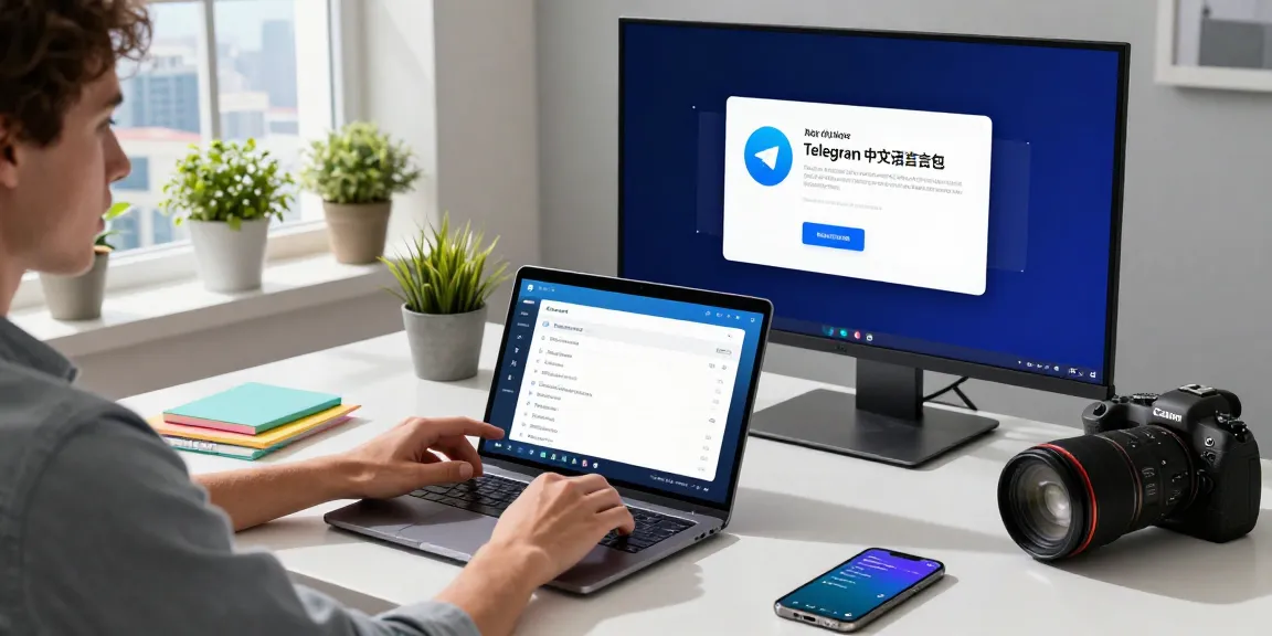 Adjusting Telegram中文 settings in a modern workspace with laptops and vibrant decor.