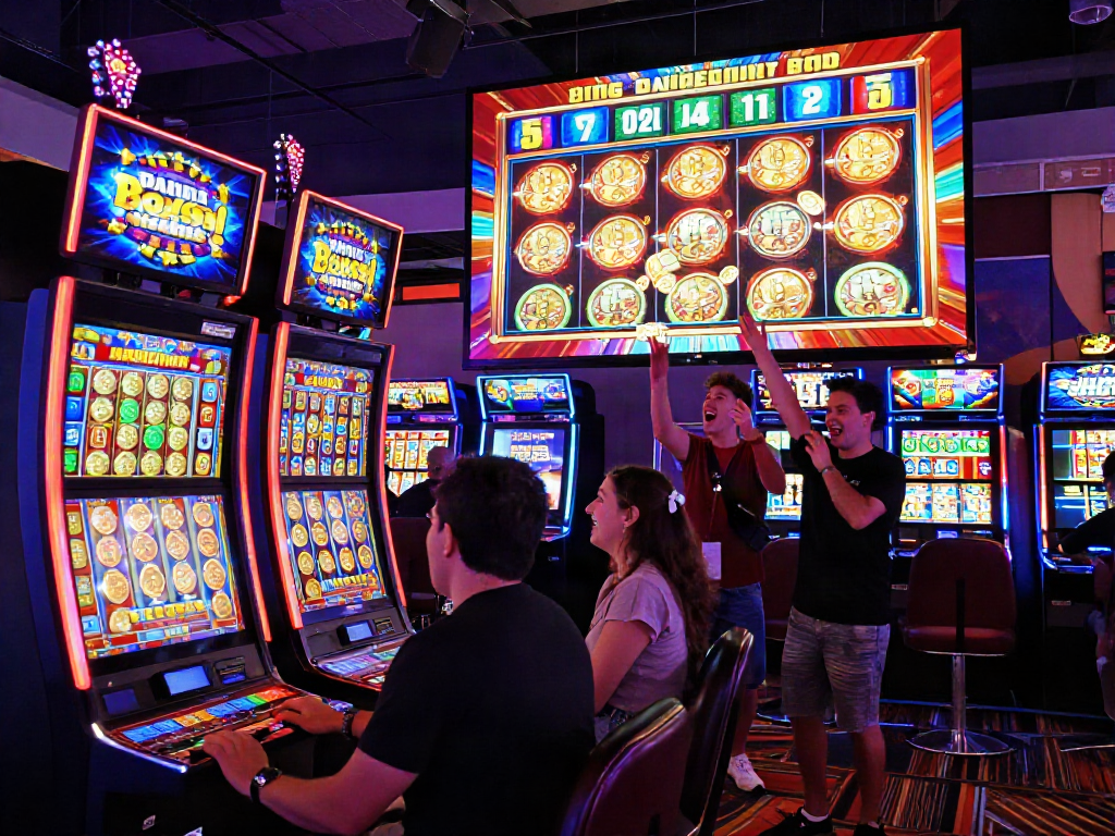 Players celebrating a slot bonus win in a vibrant casino atmosphere.