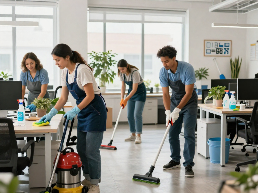 Unterhaltsreinigung Dortmund durch ein engagiertes Reinigungsteam in einem modernen Büro, das gründlich mit umweltfreundlichen Reinigungsmitteln arbeitet.