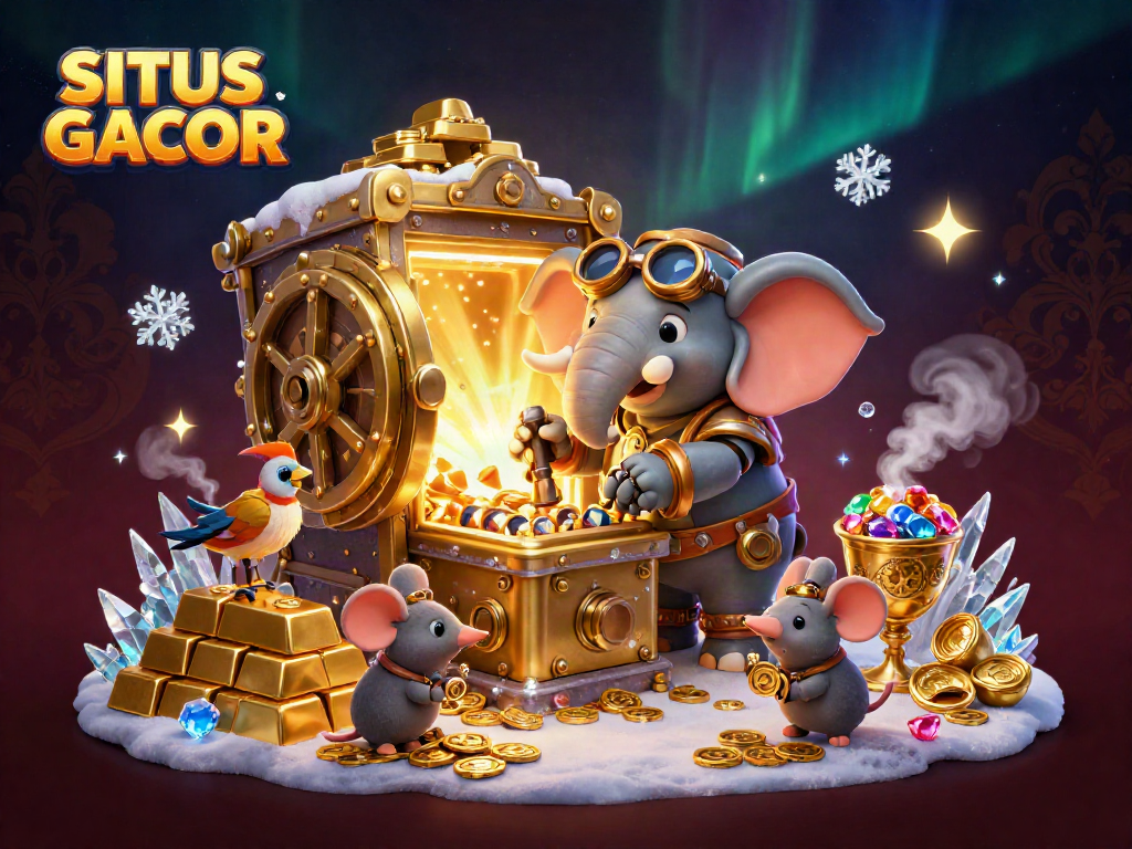 SITUS GACOR showcases the steampunk elephant operating a slot machine amid treasures and gems in a vibrant casino setting.