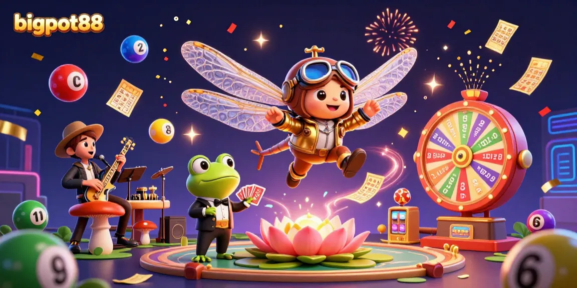 Engage with bigpot88's vibrant casino experience through a dynamic illustration showcasing playful characters and exciting game elements.