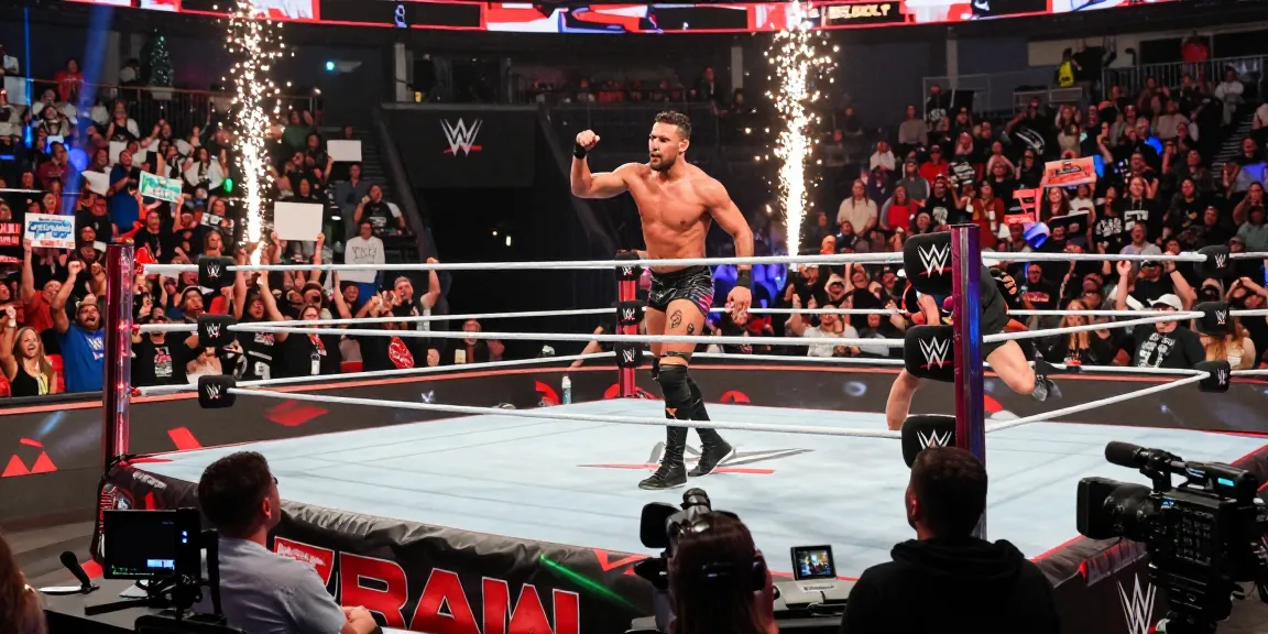 Exciting moment from WWE Raw with a wrestler executing a signature move in front of an energetic audience.