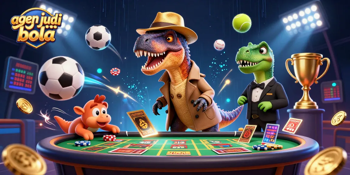 Experience the excitement of agen judi bola with a velociraptor at the sports betting table, surrounded by thrilling game elements.