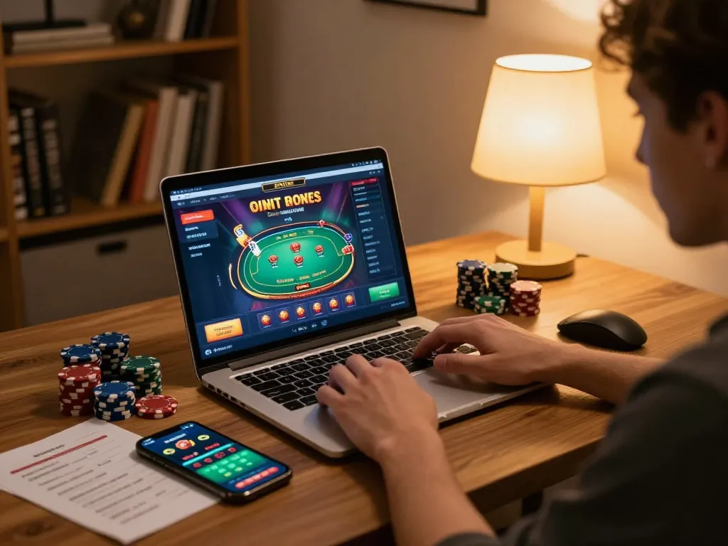 Engaging in online casino gaming with ดูหนังใหม่ streaming on screen in modern home setup.