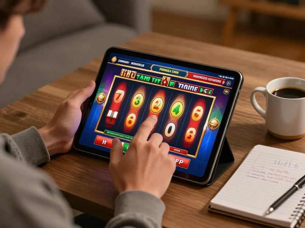 Player enjoying situs gacor slot games on a tablet in a cozy home setting, showcasing vibrant graphics.