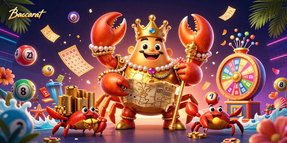 Baccarat's dynamic gameplay illustrated with a crab emperor in a vibrant casino scene filled with gold chips and colored lottery balls.