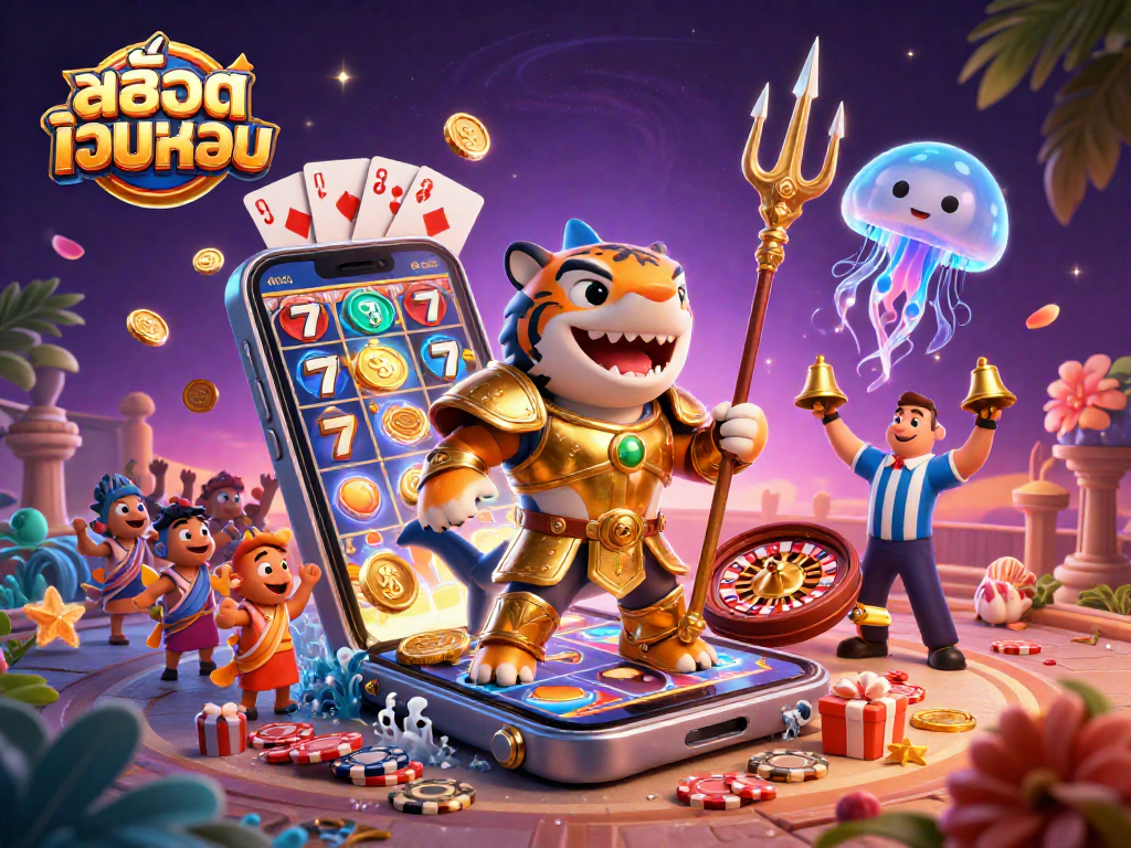 Engage with สล็อตเว็บตรง in this dynamic scene featuring a tiger shark in gladiator armor and thrilling casino elements.