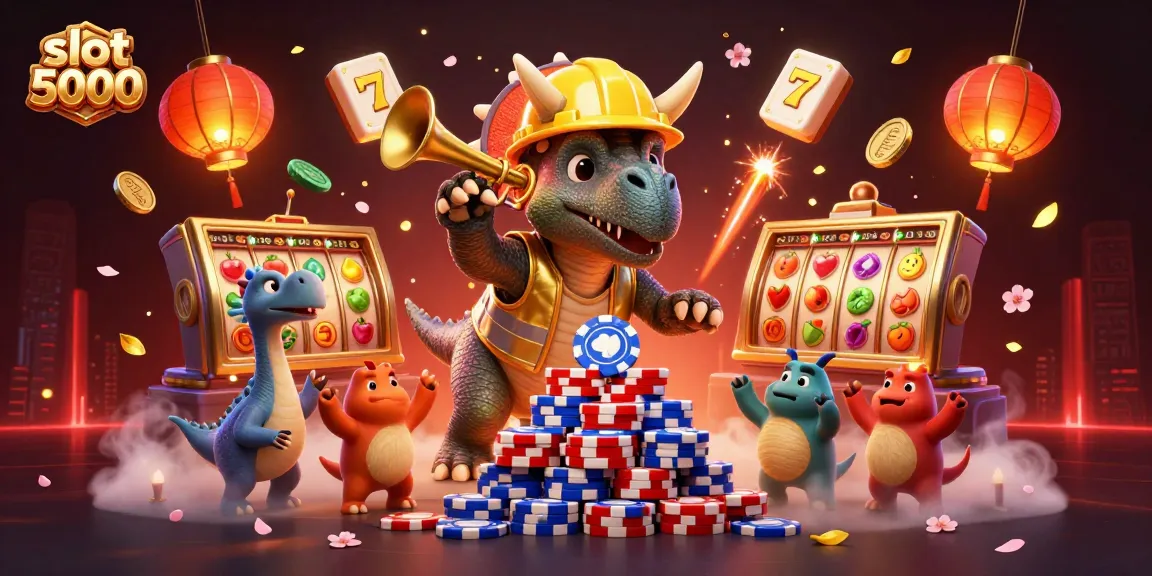 Engage in slot 5000 excitement featuring vibrant cartoon dinosaurs celebrating over jackpot winning elements.