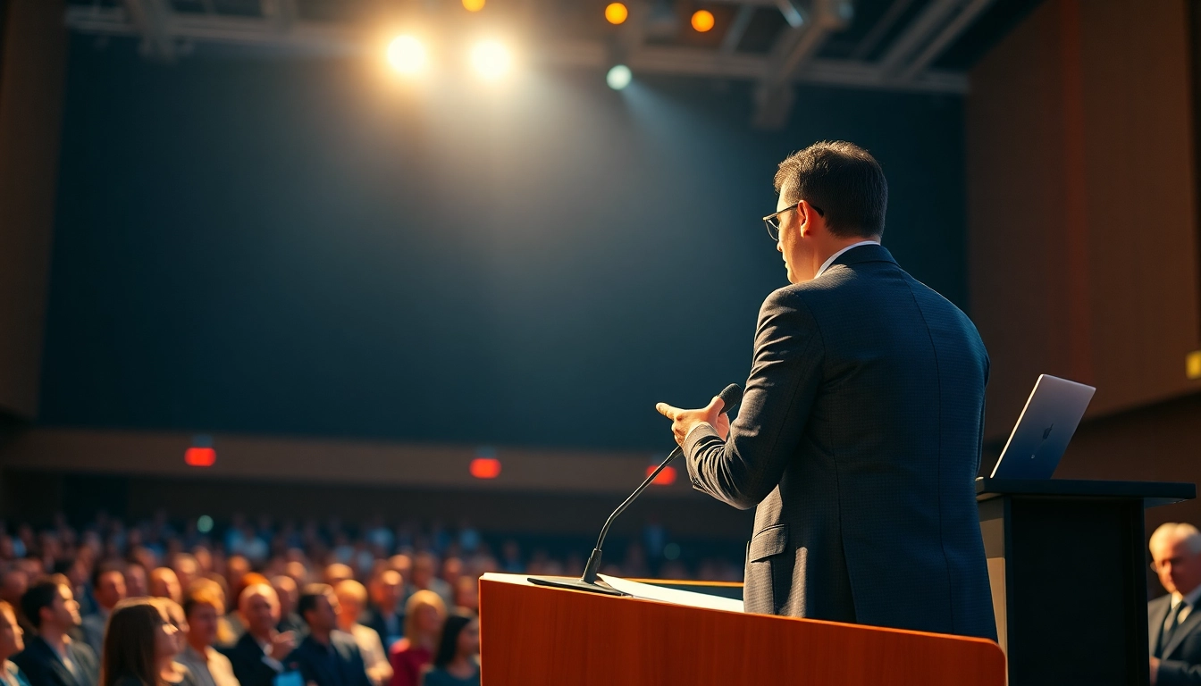 Highlighting Best Public Speaking Books with a speaker engaging the audience on stage.