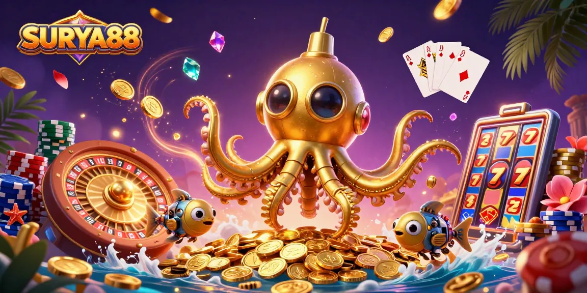 SURYA88 showcases a dynamic 3D casino scene with a golden kraken submarine, roulette wheel, and slot machines.